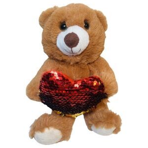 GOFFA Brown Plush Teddy Bear Valentine Sequin Red Pillow Stuffed Animal Toy 6”
